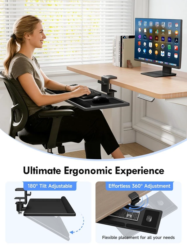 Alt view image 2 of 7 - Premium Adjustable Keyboard Tray Under Desk & Above Desk - Ergonomic Wood Sit Stand Computer Keyboard & Mouse Tray with 360° Rotation, 24.4"×12" Keyboard Stand with Wrist Rest - Black, DSF8