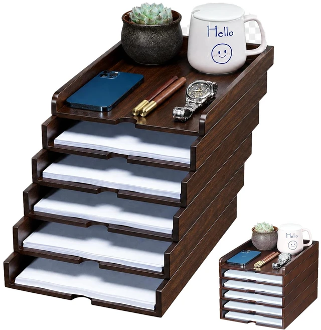 Main image of Solid Wood Letter Tray, 6-Tier Pull-Out Paper File & Desk Organizer, Walnut Stackable Wooden Paper Organizer for A4, Mail & Folders, 5-in-1 Desktop Storage with Tablet Phone Stand for Home Office
