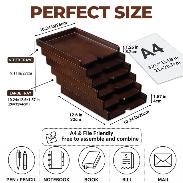 Alt view image 3 of 7 - Solid Wood Letter Tray, 6-Tier Pull-Out Paper File & Desk Organizer, Walnut Stackable Wooden Paper Organizer for A4, Mail & Folders, 5-in-1 Desktop Storage with Tablet Phone Stand for Home Office