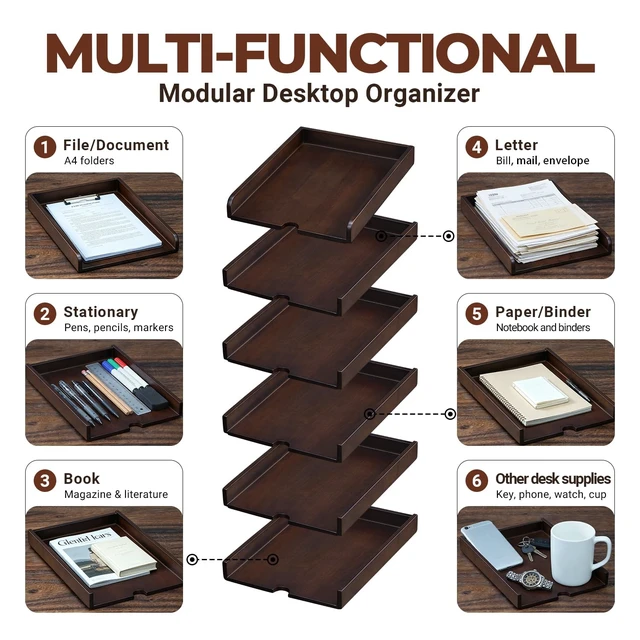 Alt view image 5 of 7 - Solid Wood Letter Tray, 6-Tier Pull-Out Paper File & Desk Organizer, Walnut Stackable Wooden Paper Organizer for A4, Mail & Folders, 5-in-1 Desktop Storage with Tablet Phone Stand for Home Office