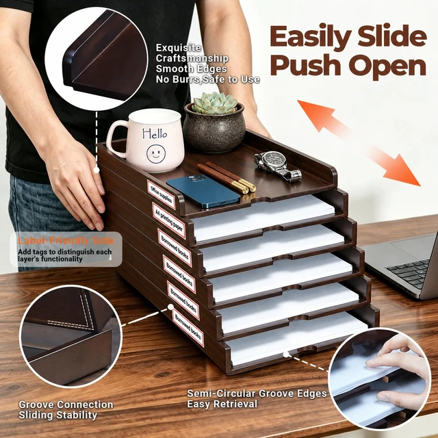 Alt view image 4 of 7 - Solid Wood Letter Tray, 6-Tier Pull-Out Paper File & Desk Organizer, Walnut Stackable Wooden Paper Organizer for A4, Mail & Folders, 5-in-1 Desktop Storage with Tablet Phone Stand for Home Office