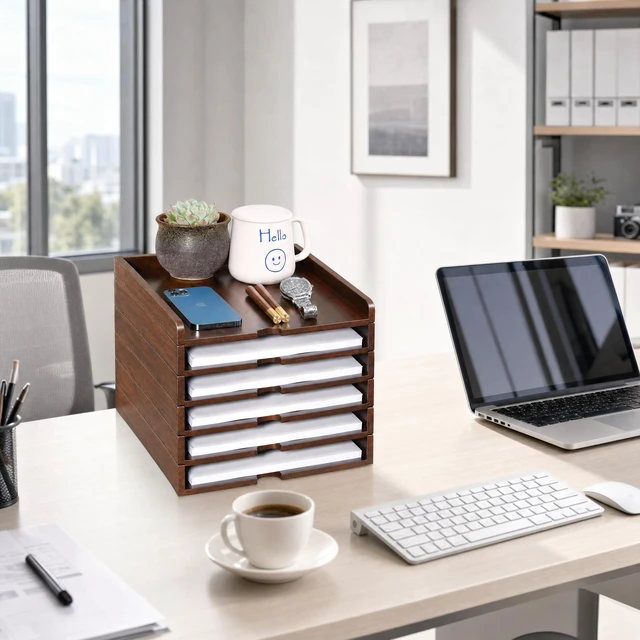Alt view image 7 of 7 - Solid Wood Letter Tray, 6-Tier Pull-Out Paper File & Desk Organizer, Walnut Stackable Wooden Paper Organizer for A4, Mail & Folders, 5-in-1 Desktop Storage with Tablet Phone Stand for Home Office