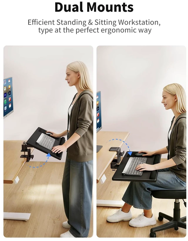 Alt view image 3 of 7 - Premium Adjustable Keyboard Tray Under Desk & Above Desk - Ergonomic Wood Sit Stand Computer Keyboard & Mouse Tray with 360° Rotation, 24.4"×12" Keyboard Stand with Wrist Rest - Black, DSF8