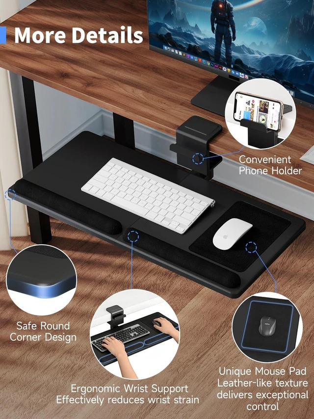 Alt view image 6 of 7 - Premium Adjustable Keyboard Tray Under Desk & Above Desk - Ergonomic Wood Sit Stand Computer Keyboard & Mouse Tray with 360° Rotation, 24.4"×12" Keyboard Stand with Wrist Rest - Black, DSF8