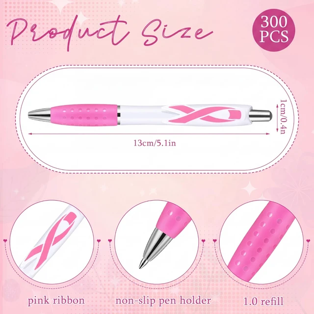Alt view image 2 of 6 - 300 Pcs Breast Cancer Awareness Pens Bulk Retractable Pink Ribbon Black Ink Ballpoint Pens Gift Breast Cancer Awareness Party Favors for Office Women Nurse Coworkers Employees Bus Driver