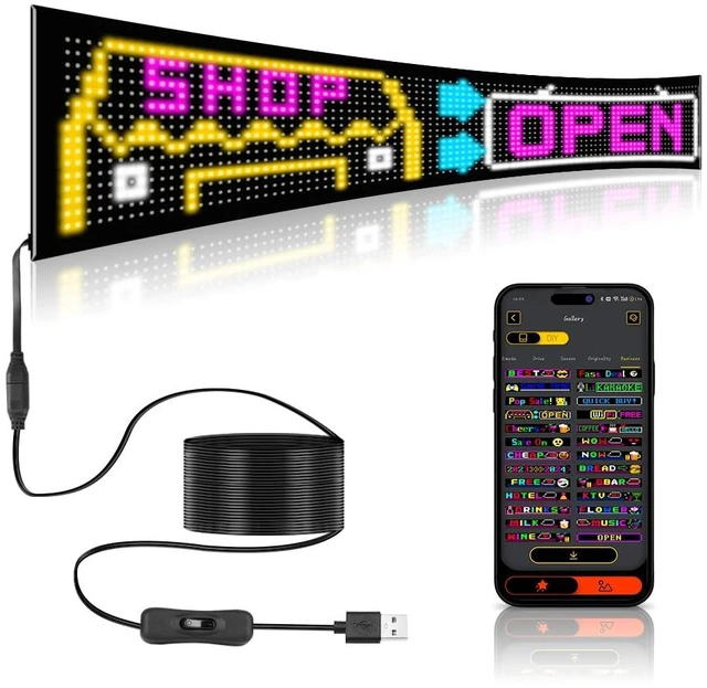 Main image of Programmable LED Sign, 35"x7.5" Scrolling Flexible Display, Bluetooth App Control, Custom Text, Patterns & Animations, USB 5V for Car, Store, Party, Bar, Hotel, Advertising Sign
