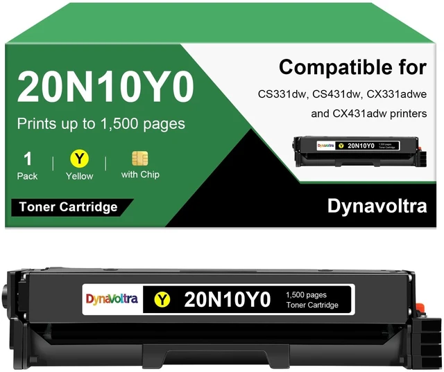 Main image of 20N10Y0 Yellow Toner Cartridge, with Chip, Standard Yield 1,500 Pages, Compatible for Lexmark CS331dw, CS431dw, CX331adwe, CX431adw Printers, 1-Pack