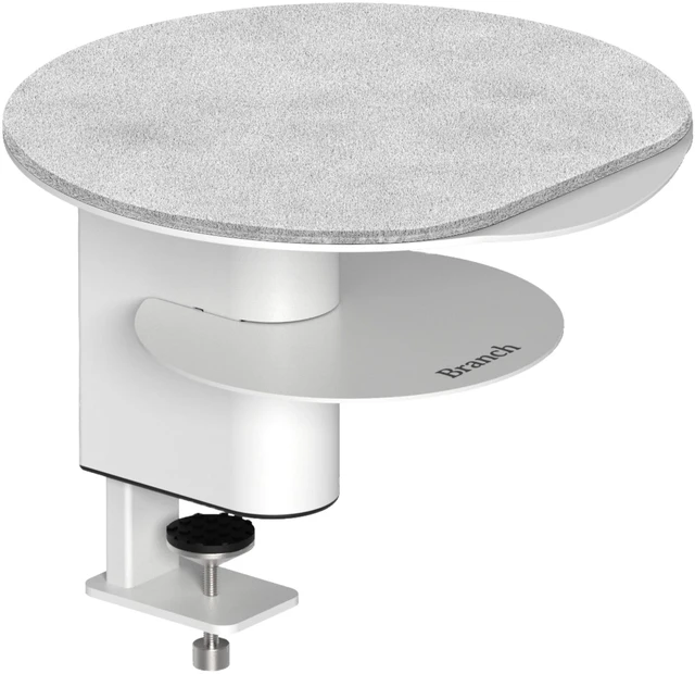 Main image of Desk Perch, Elevated Desk Clamp Shelf for Monitors Laptops, and Accessories, Powder-Coated Steel with Felt-Lined Platform, 2 Tier Organizer, White