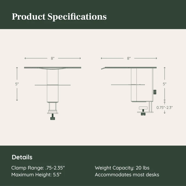 Alt view image 2 of 6 - Desk Perch, Elevated Desk Clamp Shelf for Monitors Laptops, and Accessories, Powder-Coated Steel with Felt-Lined Platform, 2 Tier Organizer, White