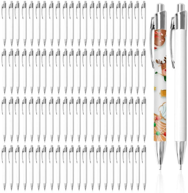 Main image of 100 Pcs Sublimation Pens with Clip, White Blank Aluminum Ballpoint Aluminum for Custom Designs, Christmas DIY, Heat Transfer Pack with Shrink Wrap, Personalized Gifts, Office Supplies