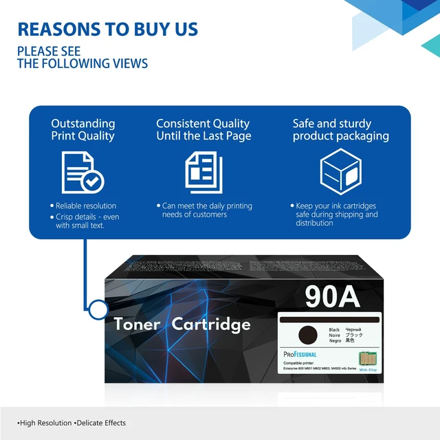 Alt view image 6 of 7 - CE390A 90A Black Toner Cartridge with Chip 2-Pack, 90A Ink Cartridge Replacement for HP 90A CE390A 90X CE390X for Laser Enterprise 600 M601 M602 M603 M4555 MFP M602x M602n M603dn Printer Ink