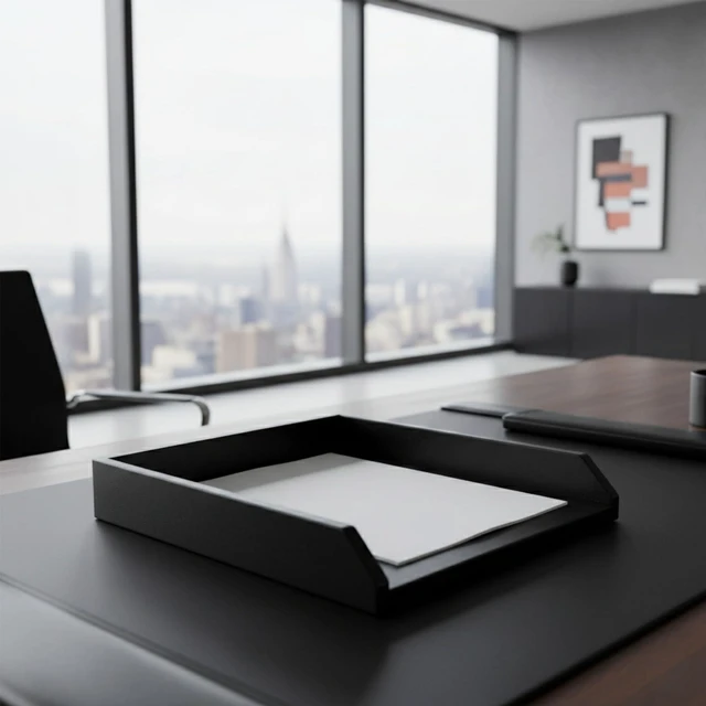 Alt view image 7 of 7 - Black Leather Front-Load Letter Tray, Under 5 Gallons