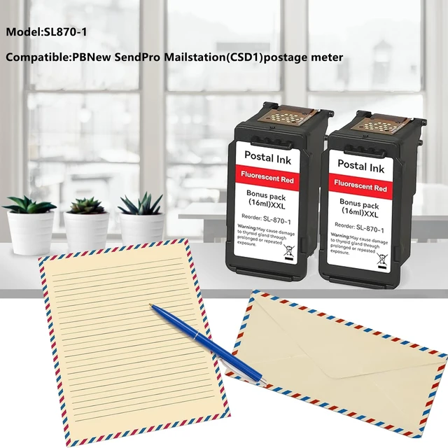 Alt view image 2 of 6 - 2-Pack SL-870-1 SL8701 XXL High Capacity Fluorescent Red Ink Cartridge Compatible with The PB N e w SendPro Mailstation Postage Meter (CSD1) Replacement for SL870-1 SL8701 Postal Ink (16ml*2)