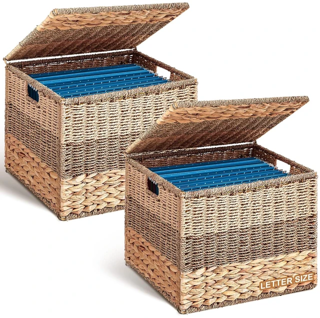 Main image of 2pcs Decorative File Box Wicker File Basket, Letter & Legal Size Hanging Filing Cabinet with Lid, Handwoven Storage Organizer, Document Home Office, School Years Memory Box, Water Hyacinth