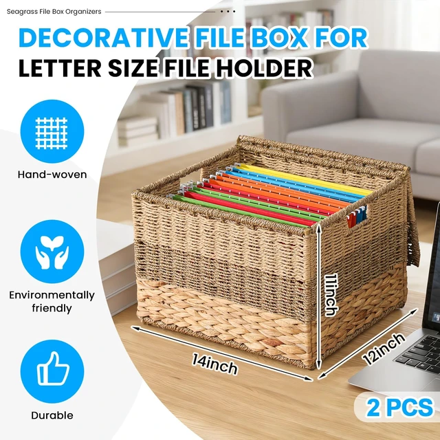 Alt view image 2 of 6 - 2pcs Decorative File Box Wicker File Basket, Letter & Legal Size Hanging Filing Cabinet with Lid, Handwoven Storage Organizer, Document Home Office, School Years Memory Box, Water Hyacinth