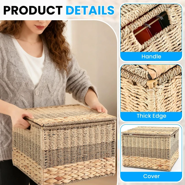Alt view image 3 of 6 - 2pcs Decorative File Box Wicker File Basket, Letter & Legal Size Hanging Filing Cabinet with Lid, Handwoven Storage Organizer, Document Home Office, School Years Memory Box, Water Hyacinth