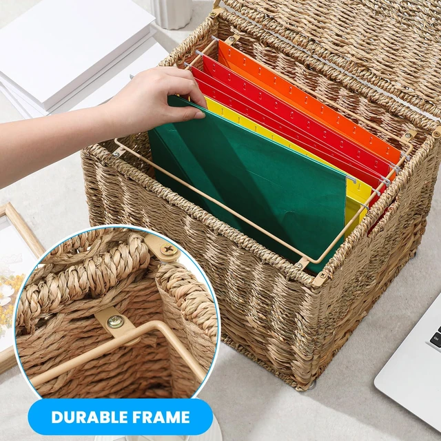Alt view image 4 of 6 - 2pcs Decorative File Box Wicker File Basket, Letter & Legal Size Hanging Filing Cabinet with Lid, Handwoven Storage Organizer, Document Home Office, School Years Memory Box, Water Hyacinth
