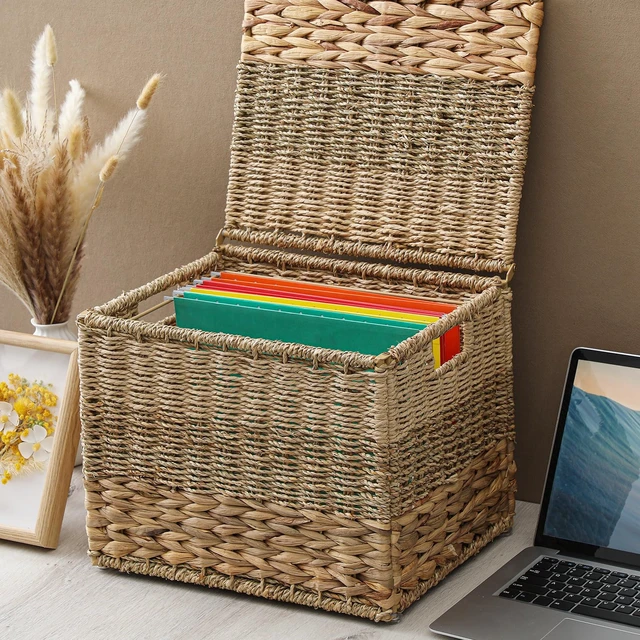Alt view image 5 of 6 - 2pcs Decorative File Box Wicker File Basket, Letter & Legal Size Hanging Filing Cabinet with Lid, Handwoven Storage Organizer, Document Home Office, School Years Memory Box, Water Hyacinth