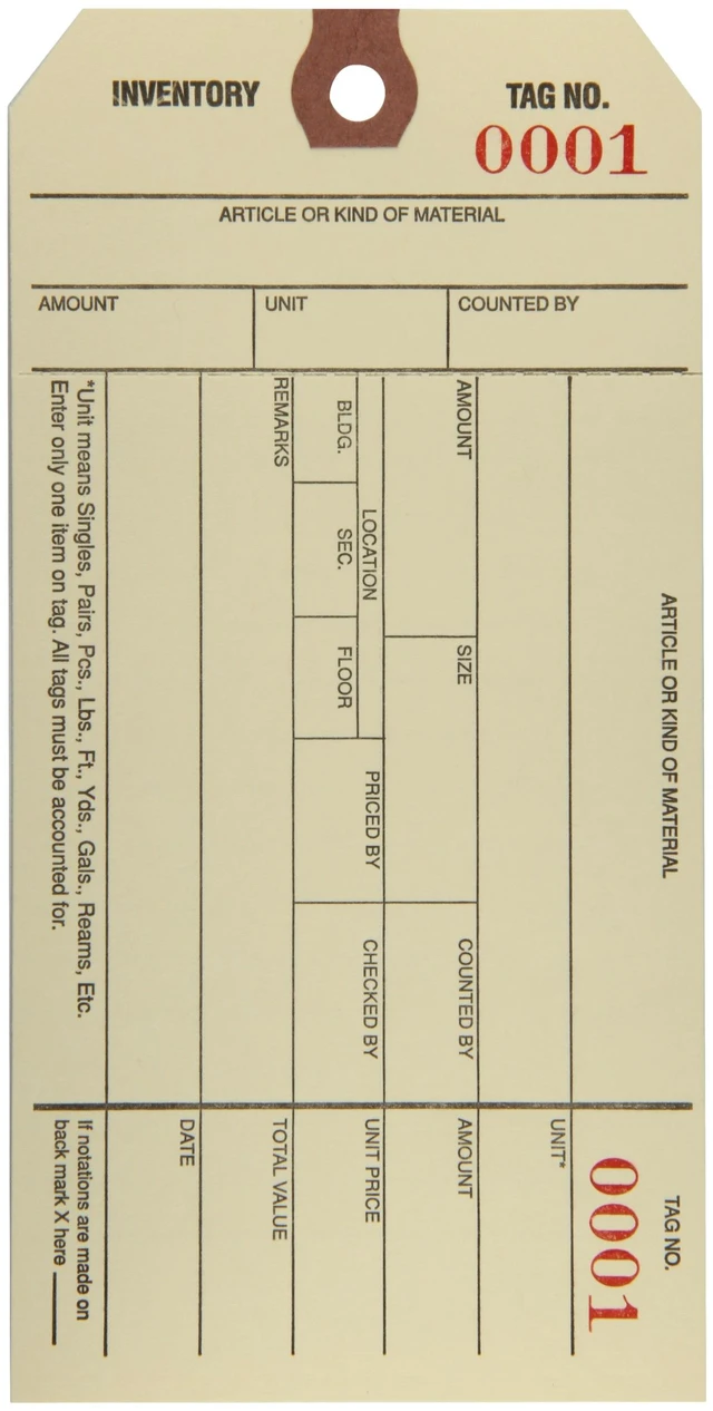 Main image of Inventory Tags with Numbered Tear-Off Stub, 8 6 1/4" x 3 1/8", Series (000-0999), Manila, for Inventory Management, Case of 1000, (G18011)