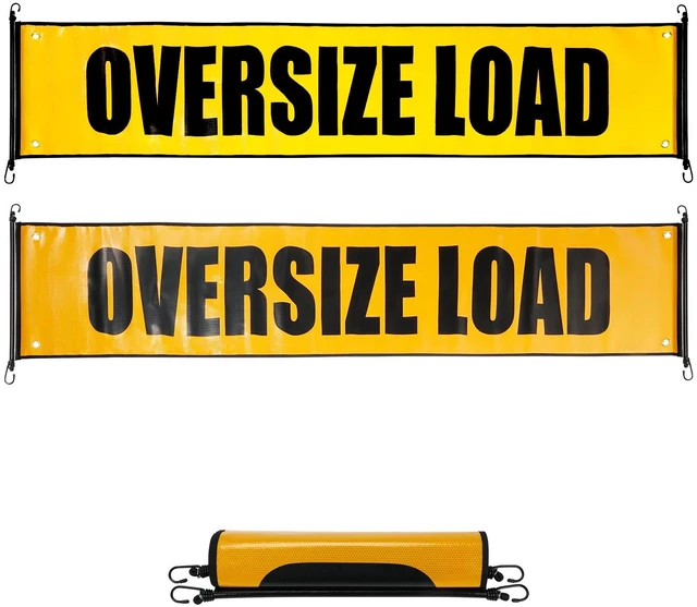Main image of 2-Pack Reflective Oversize Load Banners, 18 x 84 Inch with black edge binding, bungee cords and metal hooks, for trucks, pilot cars and escort vehicles
