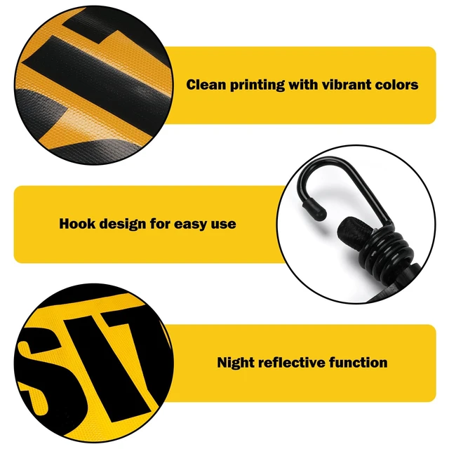Alt view image 3 of 7 - 2-Pack Reflective Oversize Load Banners, 18 x 84 Inch with black edge binding, bungee cords and metal hooks, for trucks, pilot cars and escort vehicles