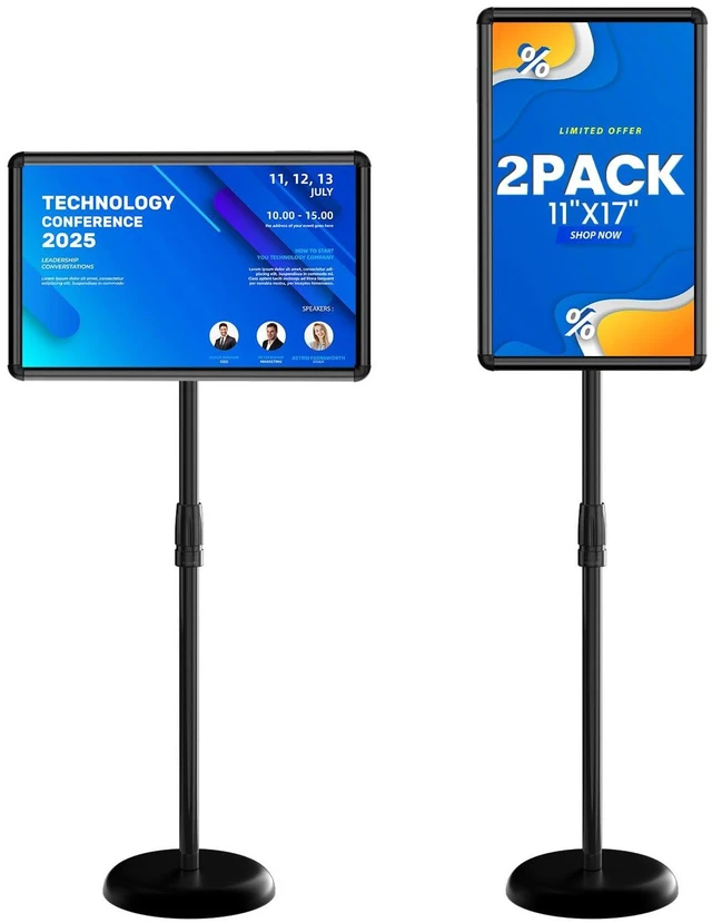 Main image of Pedestal Sign Holder, 11x17 Heavy Duty Stand Sign, 2-Pack, Black Adjustable 32.5"-53", 360° Rotation, 11x17, Stainless Steel, Snap-Open, Anti-Glare PVC, Fillable Base, Office, Wedding