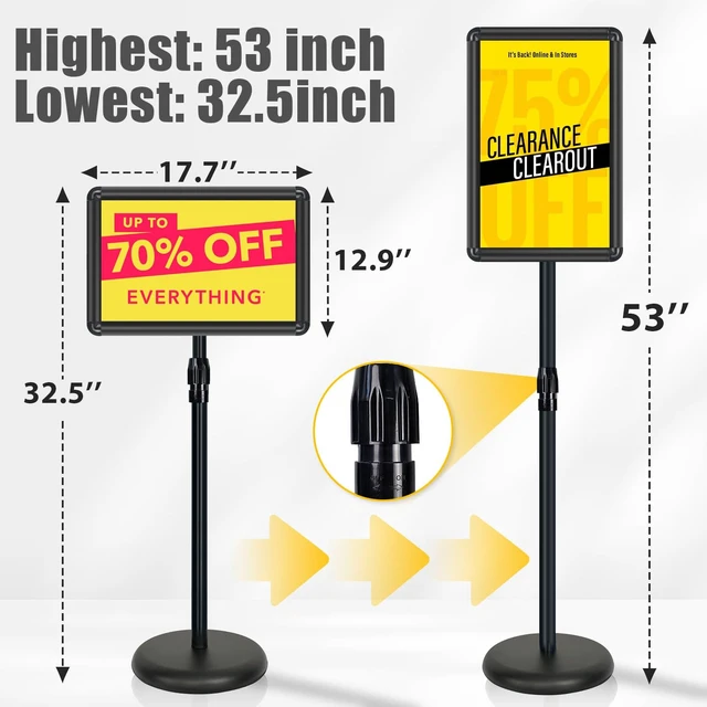 Alt view image 2 of 7 - Pedestal Sign Holder, 11x17 Heavy Duty Stand Sign, 2-Pack, Black Adjustable 32.5"-53", 360° Rotation, 11x17, Stainless Steel, Snap-Open, Anti-Glare PVC, Fillable Base, Office, Wedding