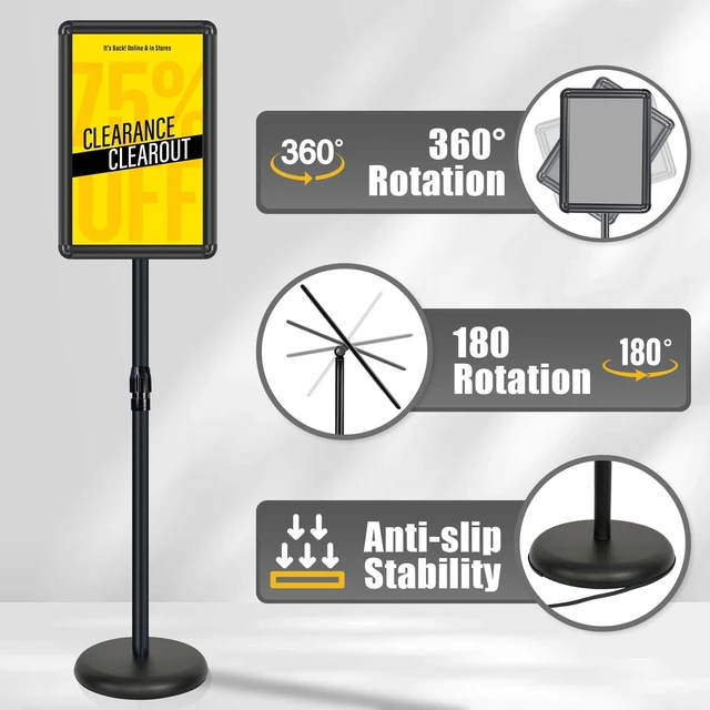 Alt view image 3 of 7 - Pedestal Sign Holder, 11x17 Heavy Duty Stand Sign, 2-Pack, Black Adjustable 32.5"-53", 360° Rotation, 11x17, Stainless Steel, Snap-Open, Anti-Glare PVC, Fillable Base, Office, Wedding