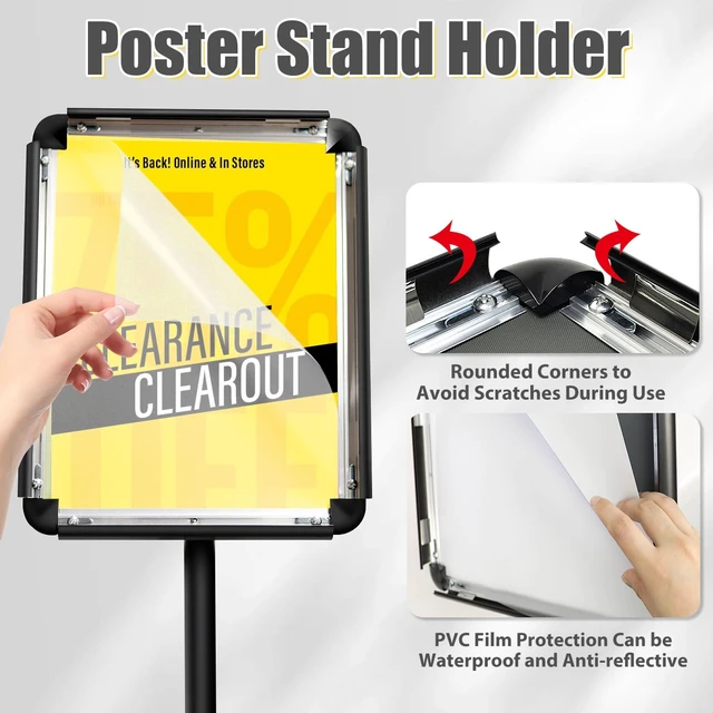 Alt view image 4 of 7 - Pedestal Sign Holder, 11x17 Heavy Duty Stand Sign, 2-Pack, Black Adjustable 32.5"-53", 360° Rotation, 11x17, Stainless Steel, Snap-Open, Anti-Glare PVC, Fillable Base, Office, Wedding