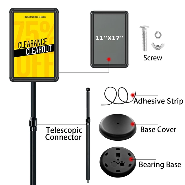 Alt view image 6 of 7 - Pedestal Sign Holder, 11x17 Heavy Duty Stand Sign, 2-Pack, Black Adjustable 32.5"-53", 360° Rotation, 11x17, Stainless Steel, Snap-Open, Anti-Glare PVC, Fillable Base, Office, Wedding