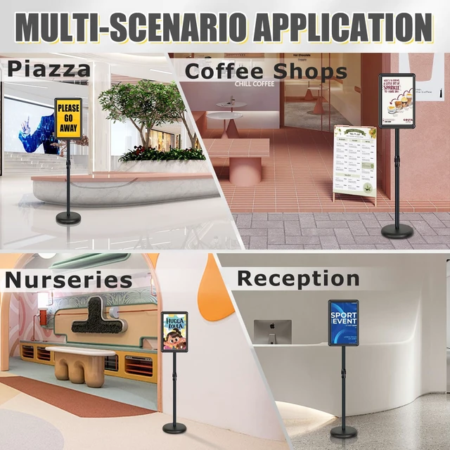 Alt view image 7 of 7 - Pedestal Sign Holder, 11x17 Heavy Duty Stand Sign, 2-Pack, Black Adjustable 32.5"-53", 360° Rotation, 11x17, Stainless Steel, Snap-Open, Anti-Glare PVC, Fillable Base, Office, Wedding