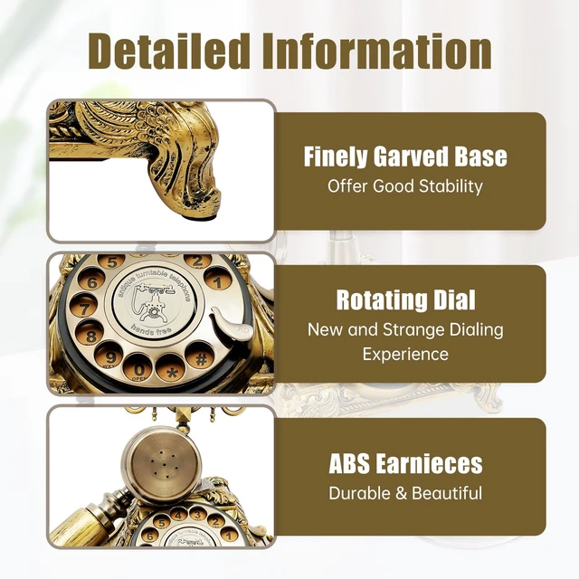 Alt view image 5 of 7 - Vintage Rotary Dial Telephone Bronze Resin Corded Landline with Functional Dial & Noise-Canceling Audio, Old-Fashioned Desk Phone for Home Office, Cafe, Bar & Hotel Décor