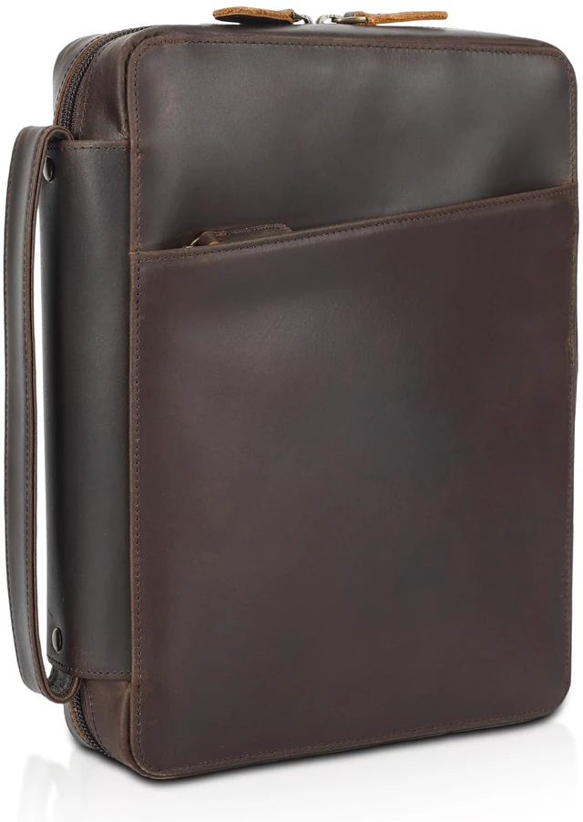 Main image of Full Grain Leather Bible Cover for Men and Women, 10x7.5x2.2 inch Bible Carrying Book Case Church Bag with Handle and YKK Zippered Pocket, Religious Gift