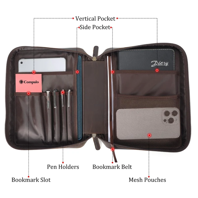 Alt view image 3 of 7 - Full Grain Leather Bible Cover for Men and Women, 10x7.5x2.2 inch Bible Carrying Book Case Church Bag with Handle and YKK Zippered Pocket, Religious Gift