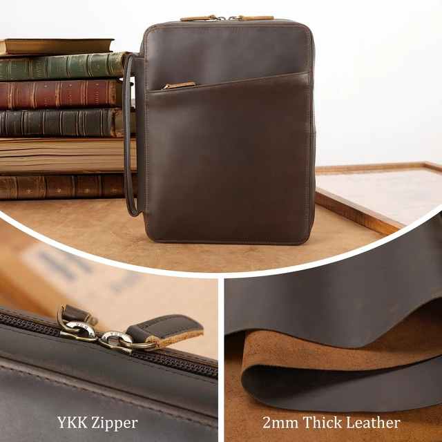 Alt view image 2 of 7 - Full Grain Leather Bible Cover for Men and Women, 10x7.5x2.2 inch Bible Carrying Book Case Church Bag with Handle and YKK Zippered Pocket, Religious Gift
