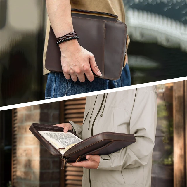 Alt view image 6 of 7 - Full Grain Leather Bible Cover for Men and Women, 10x7.5x2.2 inch Bible Carrying Book Case Church Bag with Handle and YKK Zippered Pocket, Religious Gift