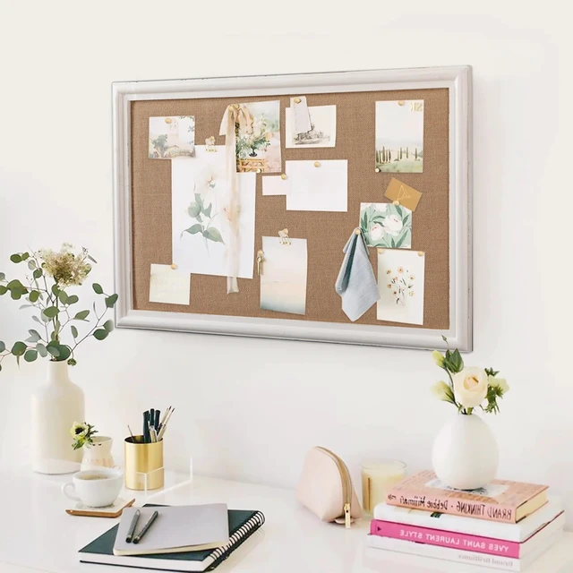 Alt view image 4 of 7 - Linen Bulletin Board for Wall, White Framed Pin Board 24 x 36 Inches Fabric Surface, Wood Frame, Rustic Design, Photo Picture Memo Display, Living Room, Bedroom, Farmhouse/Modern Home Decor