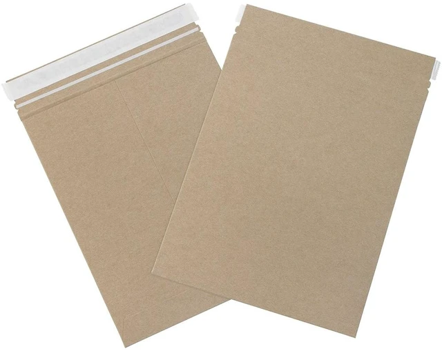 Main image of 9 3/4 x 12 1/4" Stayflats Brand Rigid Flat Mailers, Kraft (Pack of 100) Photo Document Mailers, Peel & Seal Closure, Tear Strip Easy Opening
