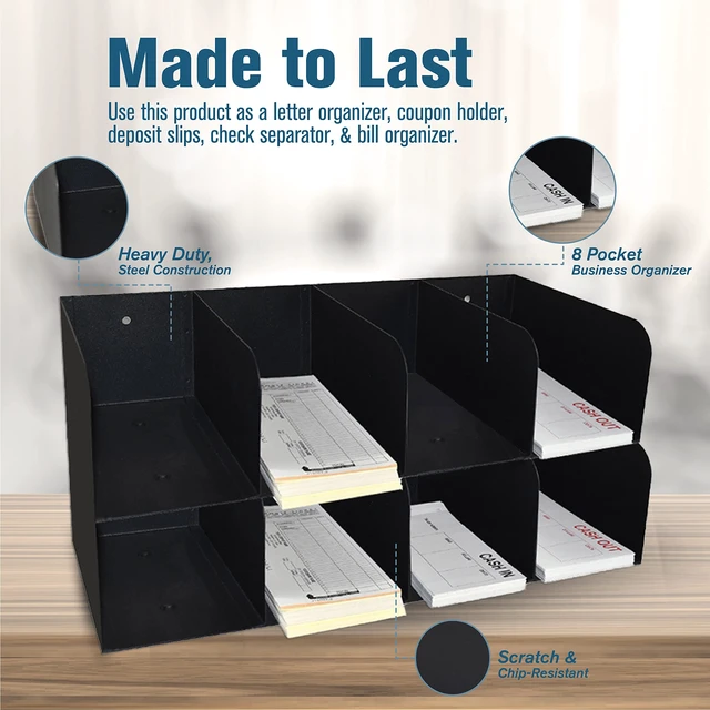 Alt view image 5 of 5 - Check Sorter Organizer - 8 Pocket, 2-Tier Design - 4 Over 4-3 ¾ H x 16" W x 8" D - Scratch & Chip-Resistant Finish - Steel Construction - Pre-Drilled Holes - Document Organizer