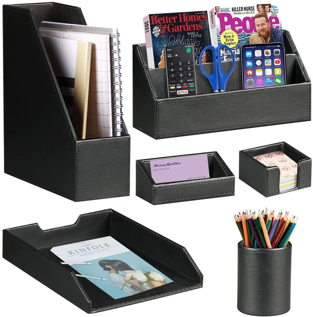 Main image of PU Leather 6-piece Office Supplies Combination Set,Pencil Cup,Business Card Holder,Sticky Note Dispenser,Mail Sorter,Letter Tray,Files Holder,Suitable for Self-use and Friend Gifts(Black)