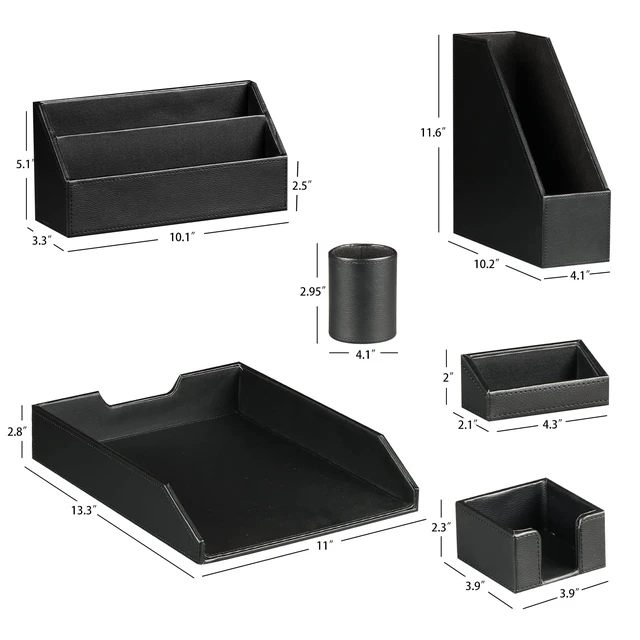 Alt view image 2 of 6 - PU Leather 6-piece Office Supplies Combination Set,Pencil Cup,Business Card Holder,Sticky Note Dispenser,Mail Sorter,Letter Tray,Files Holder,Suitable for Self-use and Friend Gifts(Black)