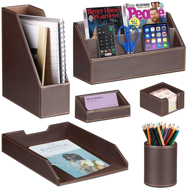 Main image of PU Leather 6-piece Office Supplies Combination Set,Pencil Cup,Business Card Holder,Sticky Note Dispenser,Mail Sorter,Letter Tray,Files Holder,Suitable for Self-use and Friend Gifts (Brown)