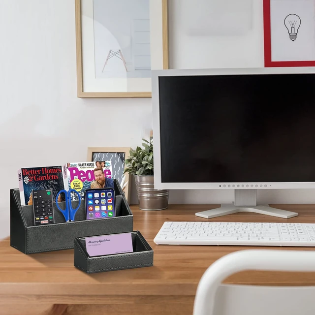 Alt view image 6 of 6 - PU Leather 6-piece Office Supplies Combination Set,Pencil Cup,Business Card Holder,Sticky Note Dispenser,Mail Sorter,Letter Tray,Files Holder,Suitable for Self-use and Friend Gifts(Black)