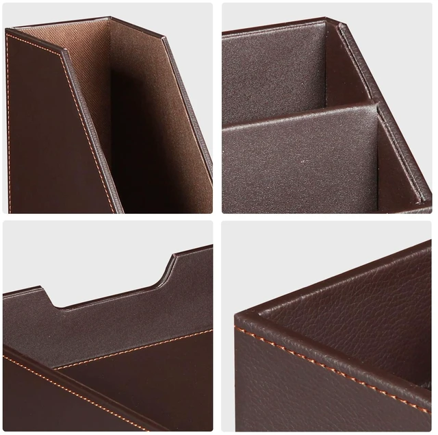 Alt view image 3 of 6 - PU Leather 6-piece Office Supplies Combination Set,Pencil Cup,Business Card Holder,Sticky Note Dispenser,Mail Sorter,Letter Tray,Files Holder,Suitable for Self-use and Friend Gifts (Brown)