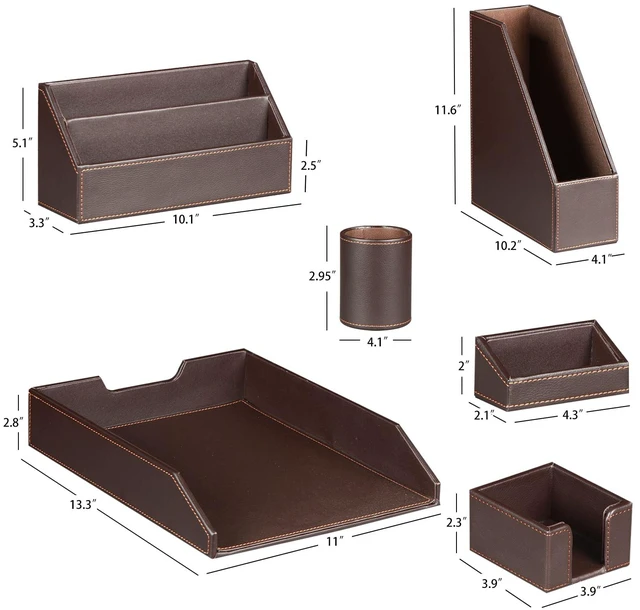 Alt view image 2 of 6 - PU Leather 6-piece Office Supplies Combination Set,Pencil Cup,Business Card Holder,Sticky Note Dispenser,Mail Sorter,Letter Tray,Files Holder,Suitable for Self-use and Friend Gifts (Brown)
