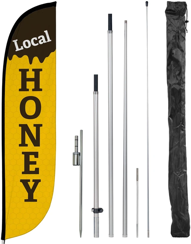 Main image of Feather Flag Pole Kit - 12 Feet Tall Advertising Flag Banner with Fiberglass Pole Kit and Ground Spike for Business Promotion - Local Honey Fiberglass build, ground spike, business promotion