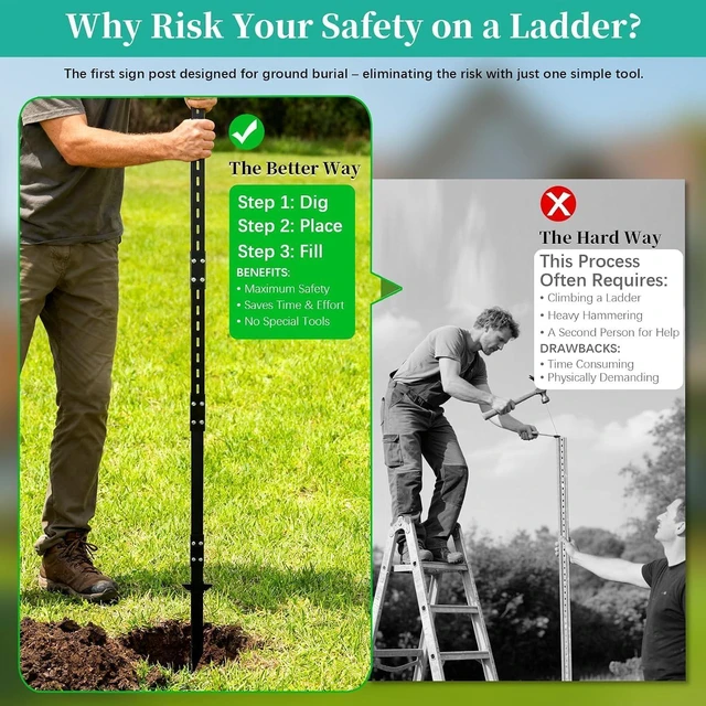 Alt view image 2 of 7 - 1 Pack 8' Sign Post Stake Metal for Outside, Heavy Duty Yard Sign Stake, Rust, Wind & Dust Resistant Sturdy Metal Pole for Outside, Yard, Road, Parking Fits Signs 7 to 18 Inch (Black)
