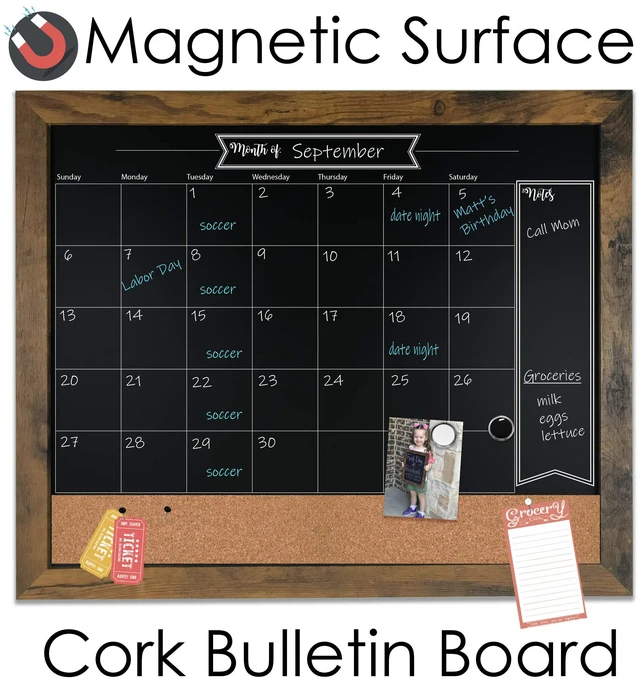 Alt view image 2 of 7 - 18x24 Rustic Framed Chalkboard Calendar and Bulletin Combo Calendar with Cork Board. 24ct Color Collection of Chalk Markers Perfect for Organizing Your Space