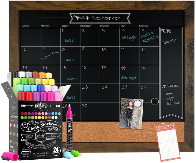 Main image of 18x24 Rustic Framed Chalkboard Calendar and Bulletin Combo Calendar with Cork Board. 24ct Color Collection of Chalk Markers Perfect for Organizing Your Space