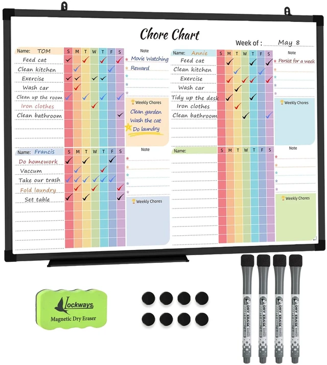 Main image of 36" x 24" Magnetic Chore Chart Board, Dry Erase Board Aluminum Frame Wall Mounted for Home, Organization Reward Board for Messages